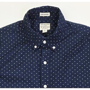 J. Crew Slim Untucked Stretch Size Large Mens Navy White Polka Dot Button Down